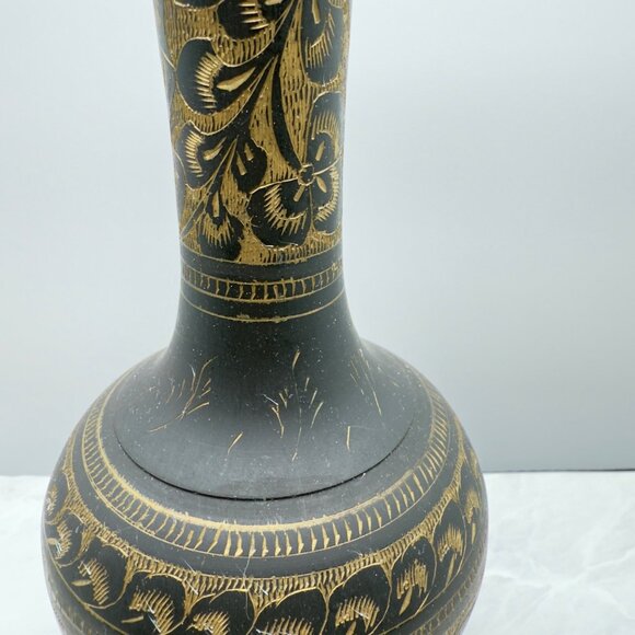 Vintage Handcrafted Brass Vase With Intricate Gold Floral Etching Design - Picture 3 of 11